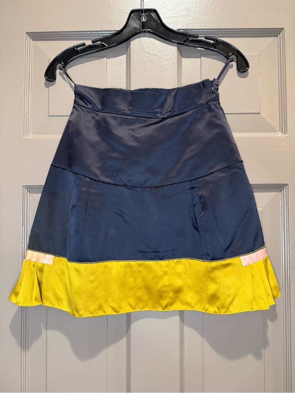 Rare Vintage Prada Navy and Yellow Silk Mini Skirt with Pink Trim